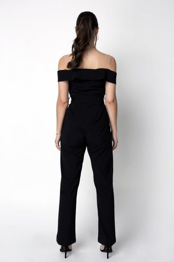Black Off-Shoulder Belted Shirt Jumpsuit Double Second